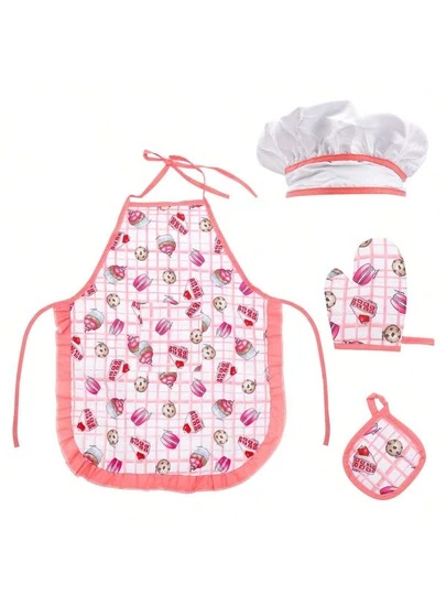 Pink Children's Apron Set - Adorable Chef Cooking & Baking Apron For Girls, Toddler Kitchen Role Play Costume With Hat, Gloves And Pockets, Ideal For Art, Cooking Classes, Birthday Gifts Or Halloween Costumes