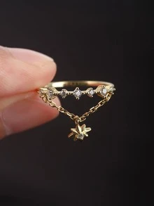 European & American Style Star Pendant Ring, Fine Circle Rhinestone Design, Everyday Commute Elegant Versatile Midi Ring - Gold - View 1