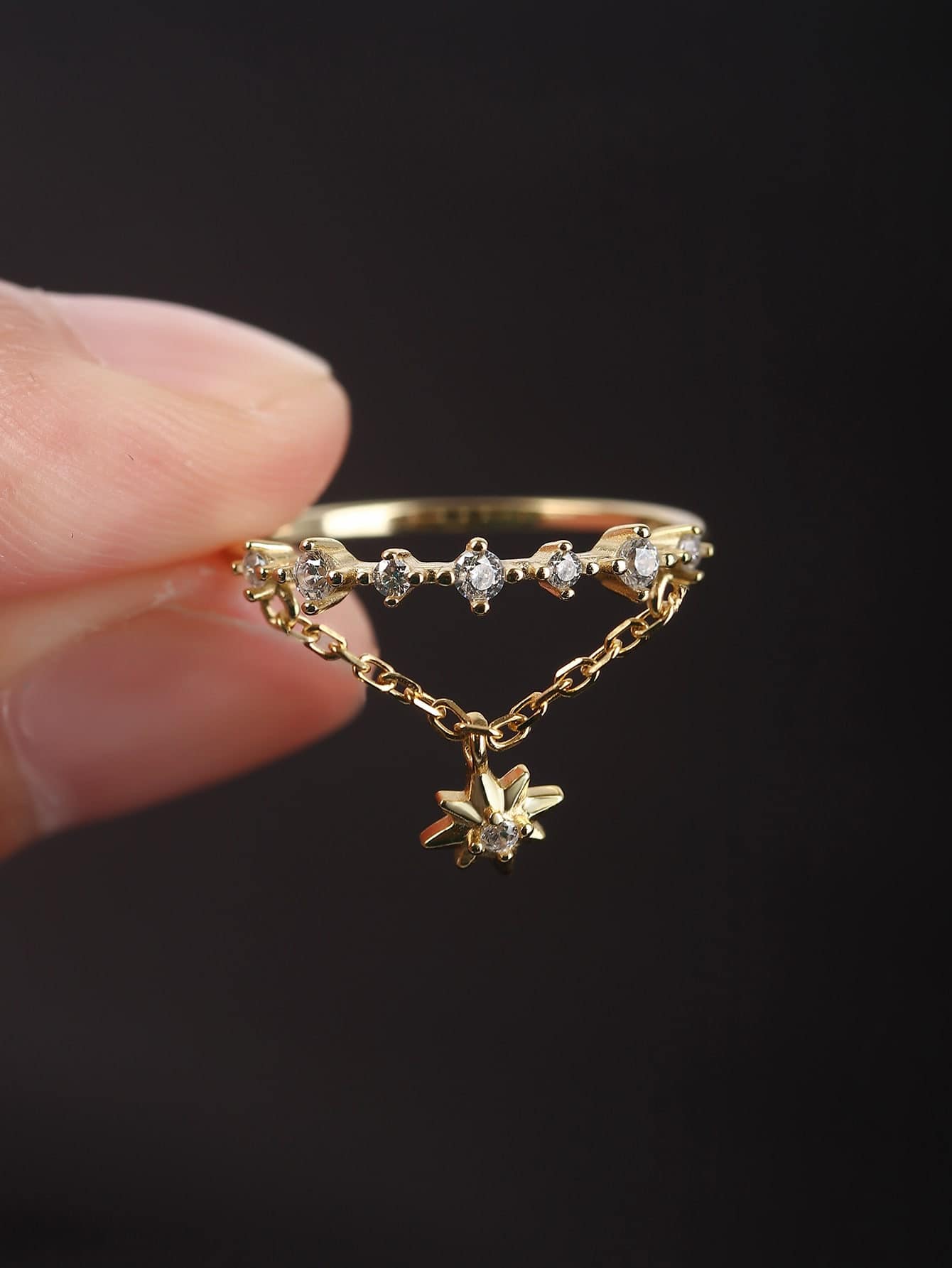 European & American Style Star Pendant Ring, Fine Circle Rhinestone Design, Everyday Commute Elegant Versatile Midi Ring - Gold - View 1