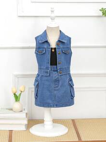 Young Girl Spring/Summer Washed Denim Vest Jacket With Pockets And Knitted Black Ribbed Tank Top, Skirt Three-Piece Set - Medium Wash - View 4