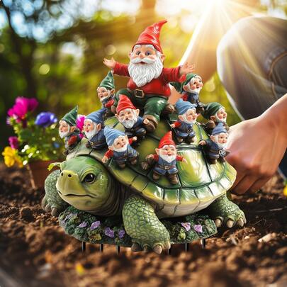 Fairy Tale Gnome Turtle Ride Garden Stake Suncatcher - Acrylic Flat Garden Sculpture For Pots & Bonsai, Birthday Themed Decor Gift, Indoor Fairy Garden Lawn Sun Catcher (1 Pack)
