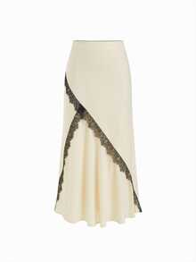 Women's Mid-Length Skirt, Soft And Smooth Fabric With Contrast Lace, Side Zipper Design, Elegant Casual Style, Suitable For Daily Wear, Dates, Shopping, Commuting, Holiday Outfits - Champagne - View 3