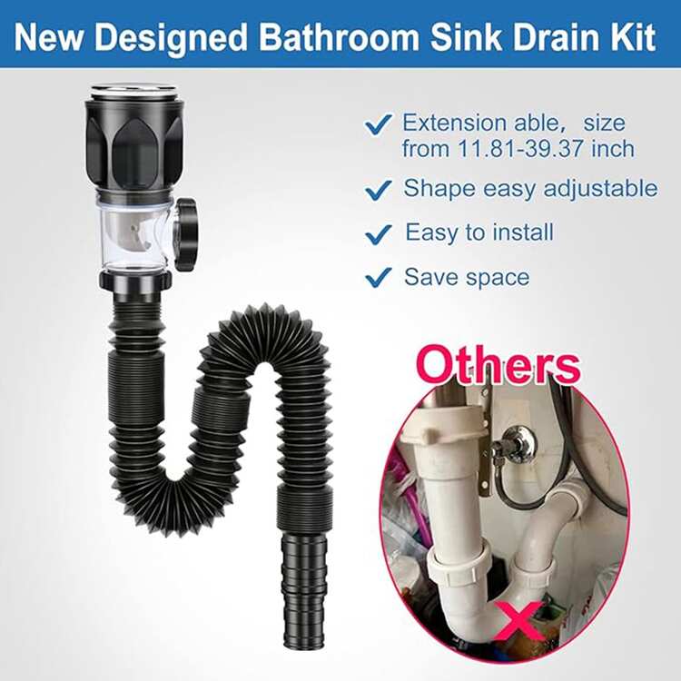 Basin Drain Set: With Flexible And Expandable Drain Pipe With P-Trap, With Integrated Anti-Clogging Plug - A - 查看 4