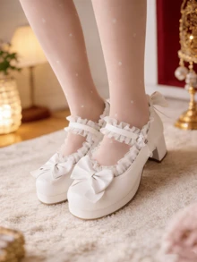 Women Kawaii Mary Jane Pumps Mid Block Heel Fashion Dress Shoes With Cute Bow Platform Chunky Heel Sweet Party Wedding Hallowen Cosplay Shoes For Women - trắng - Xem 1