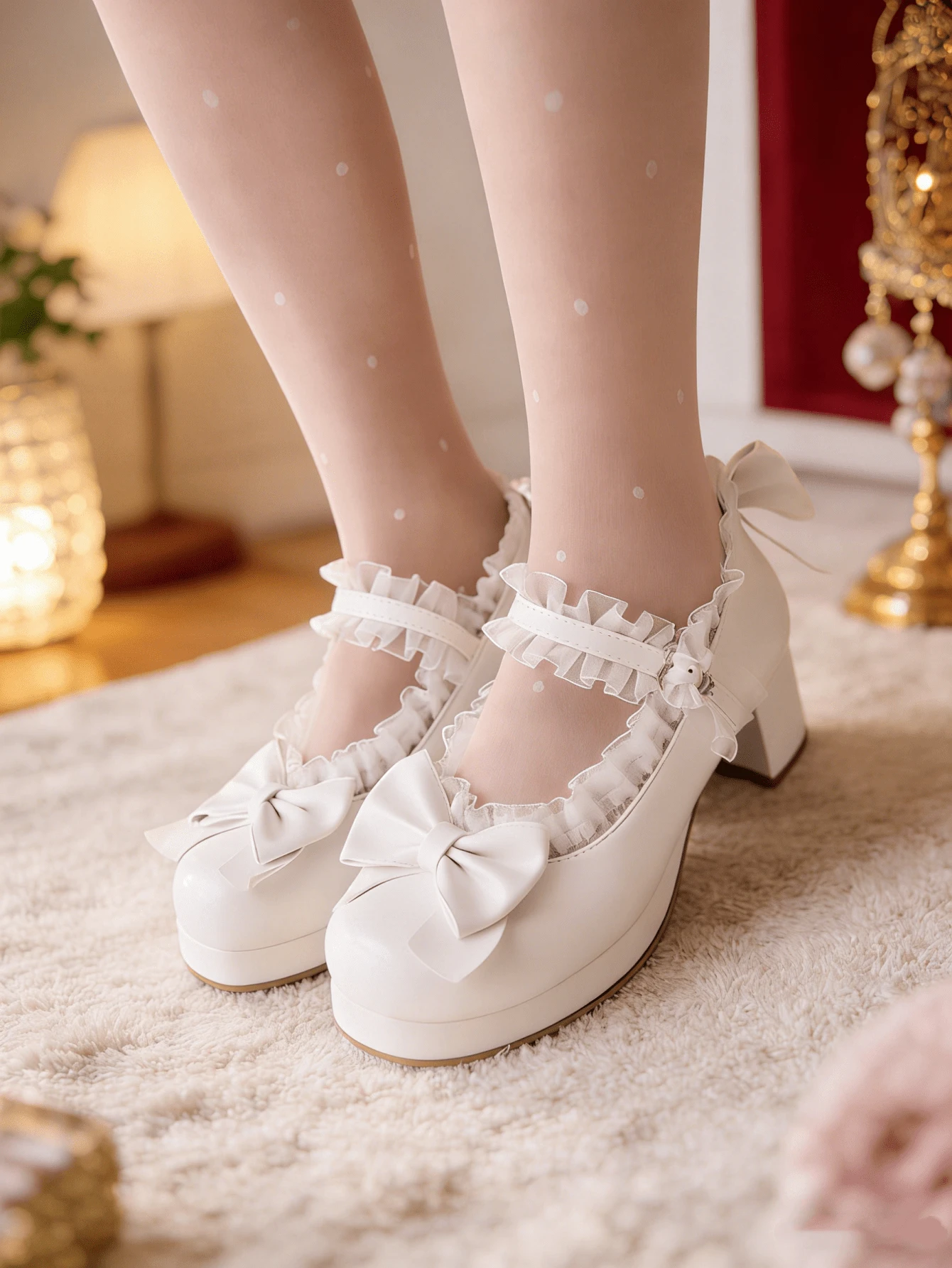 Women Kawaii Mary Jane Pumps Mid Block Heel Fashion Dress Shoes With Cute Bow Platform Chunky Heel Sweet Party Wedding Hallowen Cosplay Shoes For Women - trắng - Xem 1