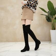 Botas Largas Para Mujer De Gamuza Sintética Sobre La Rodilla, Botas Planas Elegantes Y Cómodas Con Punta Redonda, Calzado De Invierno Estilo Casual Chic Versátil, Zapatos De Tubo Alto Con Diseño Liso Minimalista, Botas Altas De Vestir Suaves Y Transpirables Con Suela Flexible Y Resistente - Negro - Ver 1