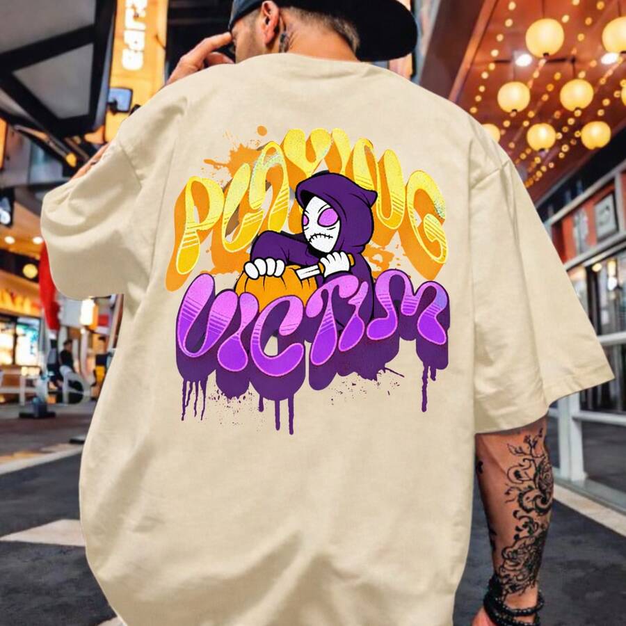 Camiseta Oversized Grande Estampada Victim Fantasma Personalizado Streetwear - Bege - Visão 1
