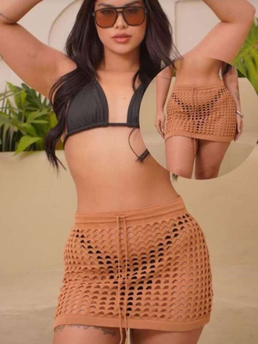 Women's Beach Cover-Up, Short Crochet Skirt With Tie Detail, Perfect For Summer, Carnival, And Pool, Resorts, And The Beach. - Rỉ Nâu - Xem 1