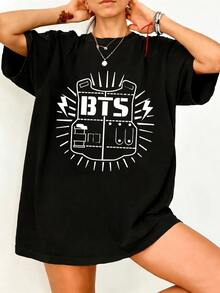 T-shirt imprimé rétro de camion de la tournée mondiale de K-Pop, T-shirt oversize en 100% coton pour les fans de l'ARMÉE de , style streetwear pour amis - Noir - Voir 6