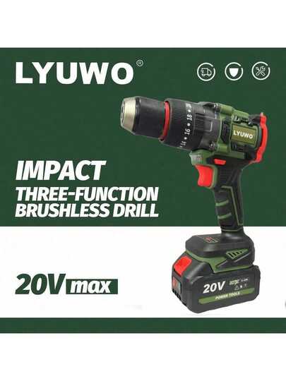 LYUWO Taladro de Impacto Inalámbrico, Batería de Ión de Litio Recargable, Diámetro de Broca de 13 mm, Doble Velocidad, Reversible, Alto Par de Torsión. Equipado con Batería de Gran Capacidad, Tiempo de Funcionamiento Prolongado y Alta Eficiencia, Adecuado para Superficies Duras, Aplicable para Reparaciones Domésticas y Sitios de Construcción