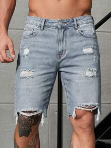 Men's Summer Ripped Five Quarter Denim Jeans With Plush Fabric, Street Tight, Non Elastic, Versatile, Classic Denim Shorts - Light Wash - View 4
