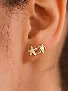 1 par de pendientes de botón con diseño de vida marina bohemio de aleación de zinc con estrella de mar, concha y caballito de mar, regalo de playa y verano, para uso diario - Plateado - Ver 8