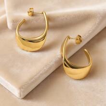 VceTd 1 Pair Fashionable Asymmetrical C-Shaped Stainless Steel Stud Earrings For Women, Suitable For Daily Wear/Holiday Gift - Yellow Gold - View 4