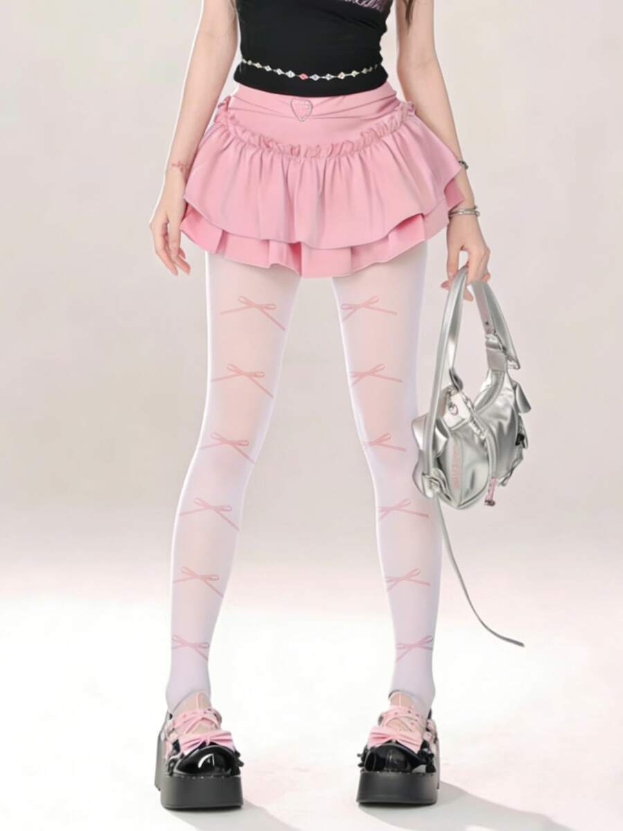 1 Pair Y2K Pink Bow Print Sheer Tights - Cute & Sweet Sexy Nylon Pantyhose For Dates, Parties & Commute - Multicolor - View 1