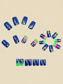 24 naglar med blå gradientstjärnmönster, trycknaglar, lösnaglar, nageltillbehör, konstnaglar, Y2k-naglar - Kungsblått - Visa 4