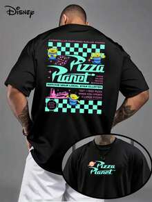 "Disney Official Genuine Authorization" Men's Toy Story Pisa Planet Alien T-Shirt Retro Plaid Design With Bass Lights And Jesse, Breathable Round Neck Casual Summer Cotton Shirt, Authorized Cartoon Character Shirt Men's Wear. - màu đen - Xem 1