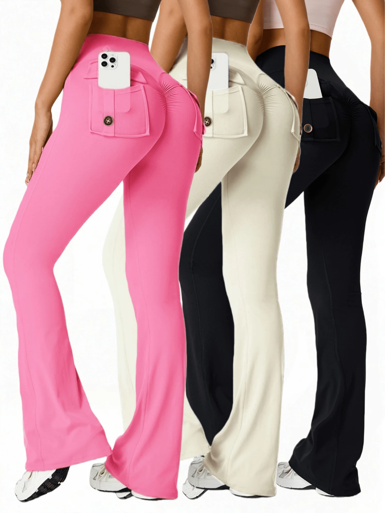3PCS  Womens Fashion Casual Minimalist Butt-Lifting Peach Shaping Elegant Streetwear Retro Slimming Low-Key Luxury Playful Cute Youthful Campus Classic Leg-Lengthening Romantic Simple Three-Piece Set Energetic High-End Maillard Body-Hugging High-Waisted Versatile Multi-Colored Flared Pants ,Workout Running Leggings ,Gym Work Pants, Exercise, Cycling,Yoga - 3pcs colors(Black + Beige + Pink) - 查看 1