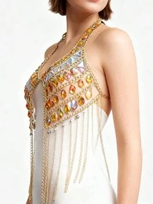 New Fashionable Acrylic Body Chain For Women, European And American Style Hollow Teardrop Rhinestone Chest Chain Necklace - Multicolor - View 6