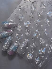 1片法式果冻美甲贴纸，梦幻泡泡流星蝴蝶星星月亮图案，自粘式，适用于美甲DIY装饰，美甲用品。 - 彩色 - 查看 3