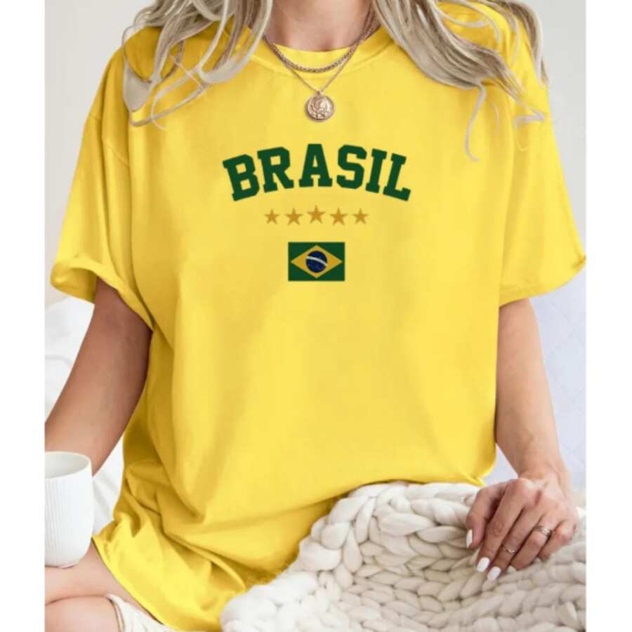 Brazil 5 Stars Women's Streetwear T-Shirt - Style, Comfort And National Pride World Cup 2026 - Màu vàng - Xem 1