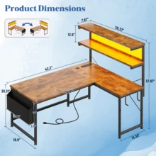 EnHomee 43.3" Reversible L Shaped Computer Desk Home Office Desk Gaming Desk With LED Light Power Outlet Storage,Rustic Brown - Xem 7