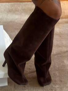 Luxury Fashion Women's Knee High Long Boots Square Toe Wide Calf Stiletto Heel Tall Boots - 巧克力棕 - 查看 4
