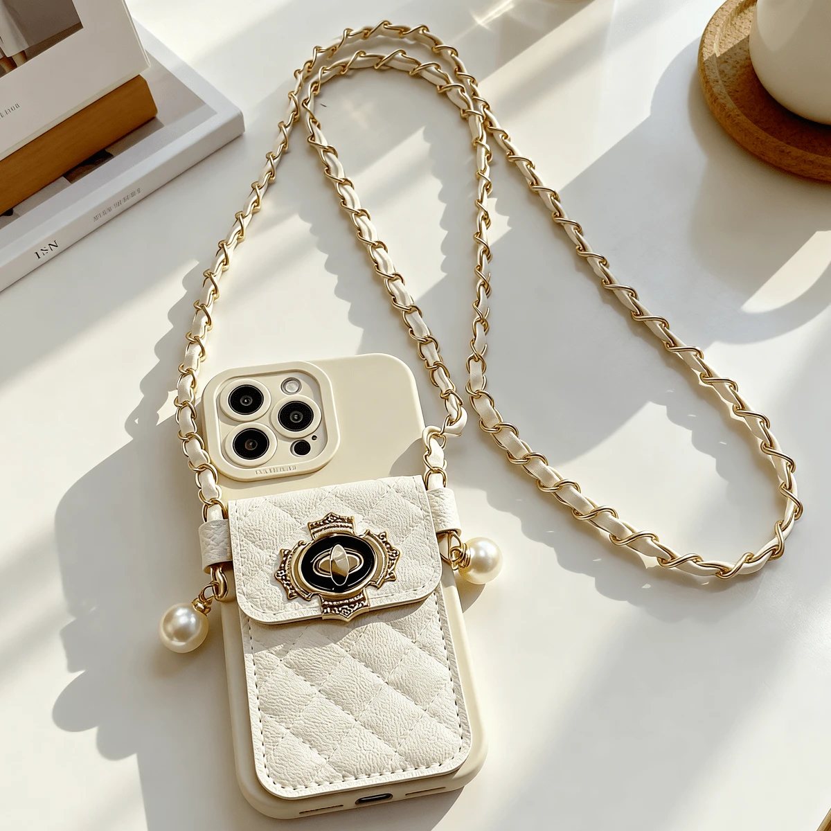 钥匙扣挂绳，兼容 17/16/15/14/13/12/11 Pro Max、S26、S25、S24、S23、A57、A37、A55、A54、A53 等机型。1 件装时尚手机壳，带肩带和卡槽，便携防摔，新年米色眼睛造型长链卡槽手机保护壳。 - 白色 - 查看 1