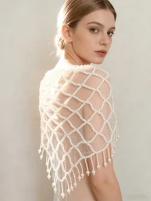 优雅手工串珠流苏披肩，可作连衣裙链，瞬间成为约会或婚礼的焦点，节日礼物之选。 - 黑色 - 查看 1