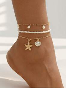 3pcs Elegant Vacation Style Zinc Alloy Drip Oil Textured Starfish & Seashell Faux Pearl Anklets, Suitable For Women's Daily And Summer Beach Outfits - Gold - View 1