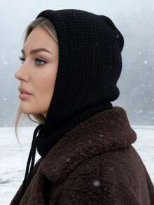 1 pieza Gorro de pasamontañas para mujer con cuello desmontable, cuello térmico de mezcla de lana, máscara de esquí, bufanda y capucha para el invierno al aire libre, adecuado para el hiyab musulmán - Negro - Ver 2