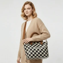 Plus Size Women Checkered PVC Tote Bag, Waterproof Shoulder Bag With Adjustable Strap, Suitable For Commuting - Black and White - View 8
