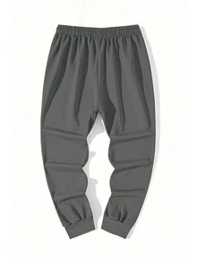 1pc Men's Solid Color Drawstring Waist Long Pants, Classic Black Print Design Sports - Dark Grey - View 4