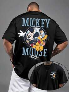 Disney Authorized! 1pc New Mickey Mouse And Pluto Double-Sided Pattern Men's Cotton T-Shirt, Round Neck And Short Sleeves, Fashionable To Wear On The Street. - 黑色 - 查看 1