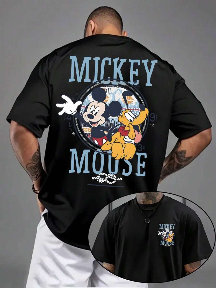 Disney Authorized! 1pc New Mickey Mouse And Pluto Double-Sided Pattern Men's Cotton T-Shirt, Round Neck And Short Sleeves, Fashionable To Wear On The Street. - 黑色 - 查看 1