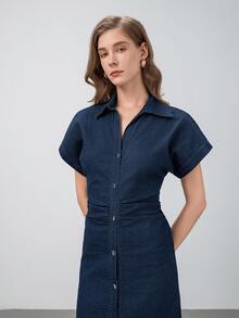 HZXVIC فستان طويل مناسب مزين بأزرار، ياقة منحرفة، أكمام قصيرة، أنيق للنساء، خريفي - أزرق داكن - مشاهدة 4