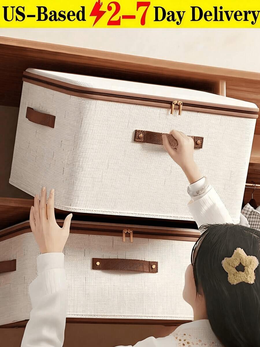 [Delivery Within 2-7 Days In The United States]1pc Dustproof Storage Box With Lid Large Capacity Foldable Clothes Storage Box Double Thickness Moisture-Proof Storage Box, Under-Bed Storage Collapsible Closet Organizer Container, Fabric Organizer Box With Handles, Decorative Storage Boxes With Lids For Organizing Clothes, Books, File, White, Medium Torage Bins With Zipper Lid, 25L Foldable Clothes Organizing Bins With PU Leather Handles, Breathable Cotton Linen Fabric Storage Box For Closet, Wardrobe (Washable) (Large 40 * 30 * 21cm) Perfect For Bedroom, Vanity Table, Closet, Gift For Girls, Women, Birthday, Christmas, Holiday Season, Festival Decor, Stylish Ideal Gift Basket Storage Organizer Bathroom Essentials House Essentials Cruise Essentials Travel Containers Bathroom Storage