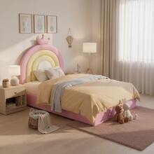 Upholstered Bed 90*200, Hydraulic Bed, With Slatted Base And Headboard, Children's Bed, Wooden Slatted Frame, Easy Assembly, Height-Adjustable Headboard, PU, Pink - Pink - View 3