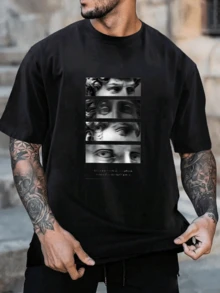 Camiseta unisex de algodón 100% de corte relajado, estilo clásico realista, fotografía en blanco y negro, detalles de cabeza de escultura clásica (ojos y rizo, latido del corazón de Ciudad de México, camiseta de graffiti callejero, perfecta para Pascua, Carnaval, temporada de regreso a clases y otras camisetas conmemorativas). - Negro - Ver 1