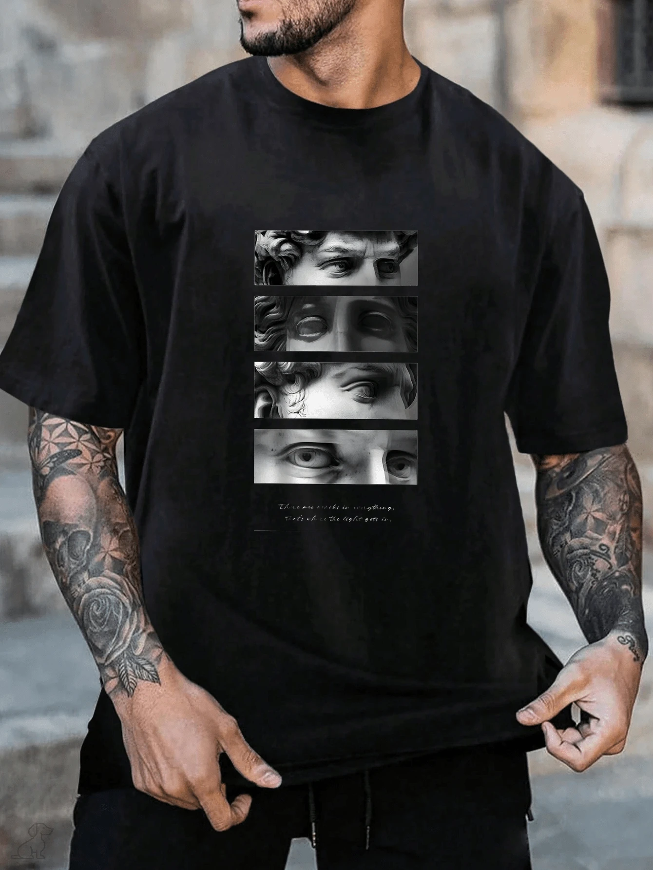 Camiseta unisex de algodón 100% de corte relajado, estilo clásico realista, fotografía en blanco y negro, detalles de cabeza de escultura clásica (ojos y rizo, latido del corazón de Ciudad de México, camiseta de graffiti callejero, perfecta para Pascua, Carnaval, temporada de regreso a clases y otras camisetas conmemorativas). - Negro - Ver 1