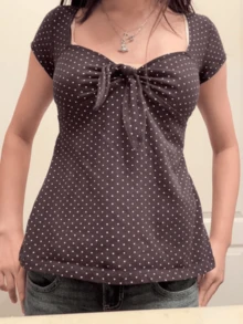 Women Polka Dot Babydoll Shirt Top Bowknot Front Short Sleeve Square Neck Fairy Grunge T Shirts Teen Girl Slim Fit Cute Tee Peplum Tops Summer 2000s Vinatge Aesthetic Clothes Streetwear - 咖啡棕 - 查看 2