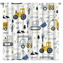 1 Set/2 Pcs Cartoon White Excavator Curtains, Semi-Blackout UV Protection Curtains, Construction Truck Tractor Excavator Pattern, Hand-Painted Cartoon Vehicle Theme Print Design - White - View 14