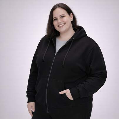 Suffix Moletom Plus Size Feminino com Capuz Casaco Aberto com Zíper Canguru Jaqueta Básico Liso Flanelado