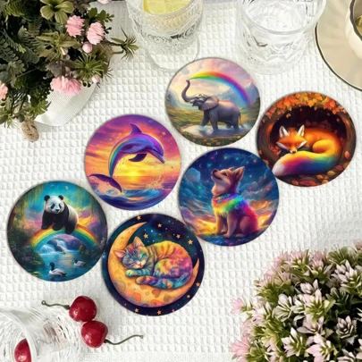 The Dream Painted Animal-Themed Round Coaster Adopts A Dream Painting Style, With Rainbows, Starry Skies, And Gradient Colors As The Background, Integrating Healing Animal Elements Such As Dolphins, Elephants, And Pandas, With Bright And Soft Colors, Rich Visual Layers And A Strong Sense Of Atmosphere