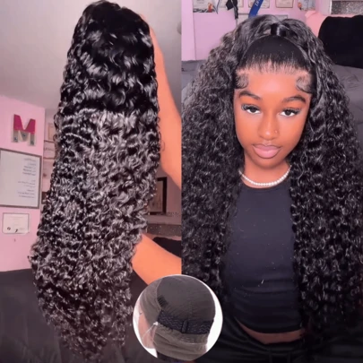 ZHENDEFA 360 graders osynlig lockig peruk med dragsko, HD transparent spetsfrontperuk utan spår med 100 % brasilianskt jungfruhår, naturlig svart färg för kvinnor