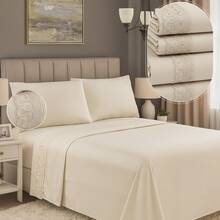 Micropercal 400 Thread Count Sheet Set, Queen And King Size, 4 Pieces, Embroidered With English Lace, Elasticated, Soft Touch, Plain, Habitat - 米色蕾絲 - View 1