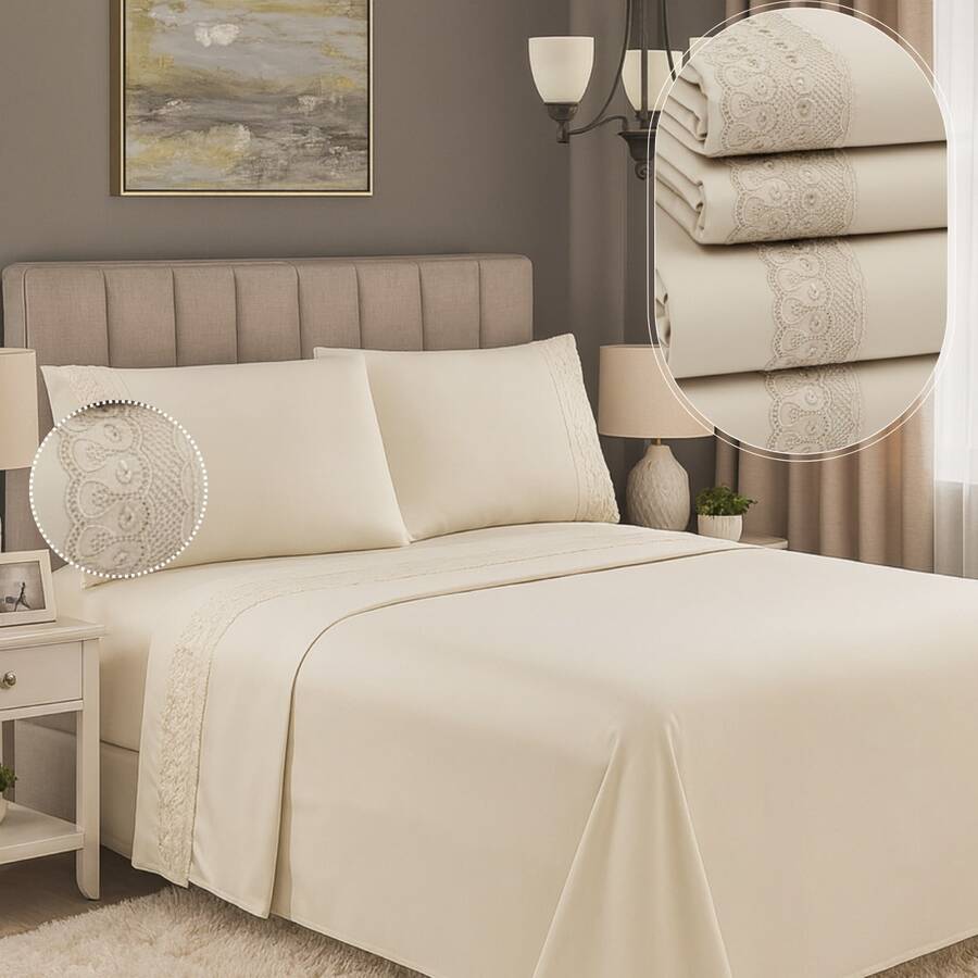 Micropercal 400 Thread Count Sheet Set, Queen And King Size, 4 Pieces, Embroidered With English Lace, Elasticated, Soft Touch, Plain, Habitat - 米色蕾絲 - View 1