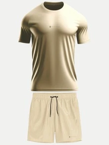Gym Workout Set: Dry Fit T-Shirt + Elastane Tactel Shorts - 米色 - 查看 11