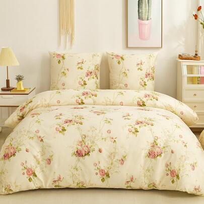 3pcs Vintage Cream Rose Floral Pattern 160x200cm 180x200cm 220x200cm Double King Super King Size 100% Cotton Duvet Cover Set, Romantic French Country Bedding With 70x80cm Zipper Pillowcases