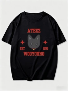 Aniteez Wooyoung Graphic T-Shirt - ATEEZs The World Ep.Fin Will Album & 2024 World Tour Merch, Cute Design With Cat Ears Kpop Band, Unisex Tee - 黑色 - 查看 6