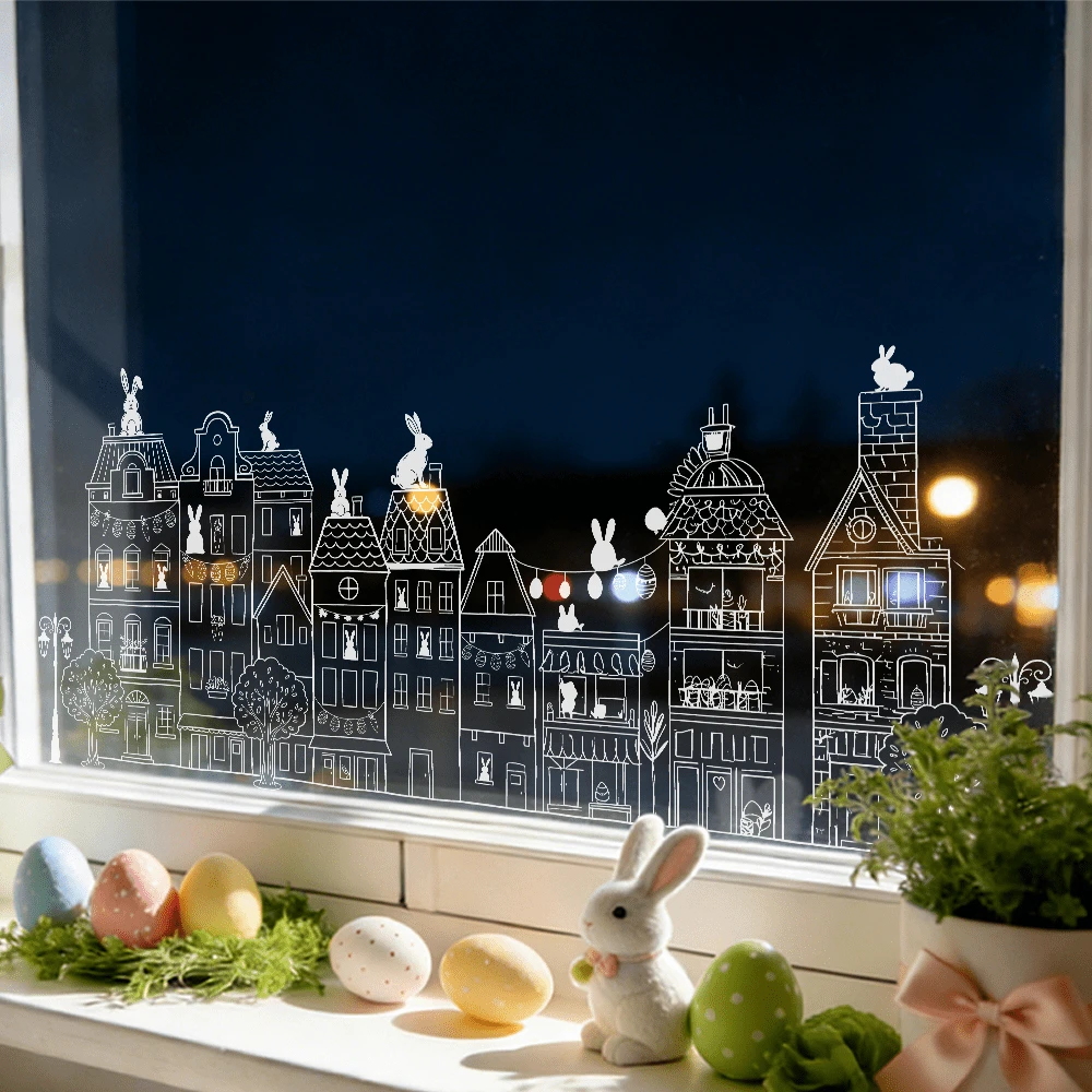 1/2片装复活节白色剪影静电贴窗贴，双面印花兔子、悬挂彩蛋、小镇图案，可重复使用，无需胶水，春季节日派对玻璃门窗贴纸